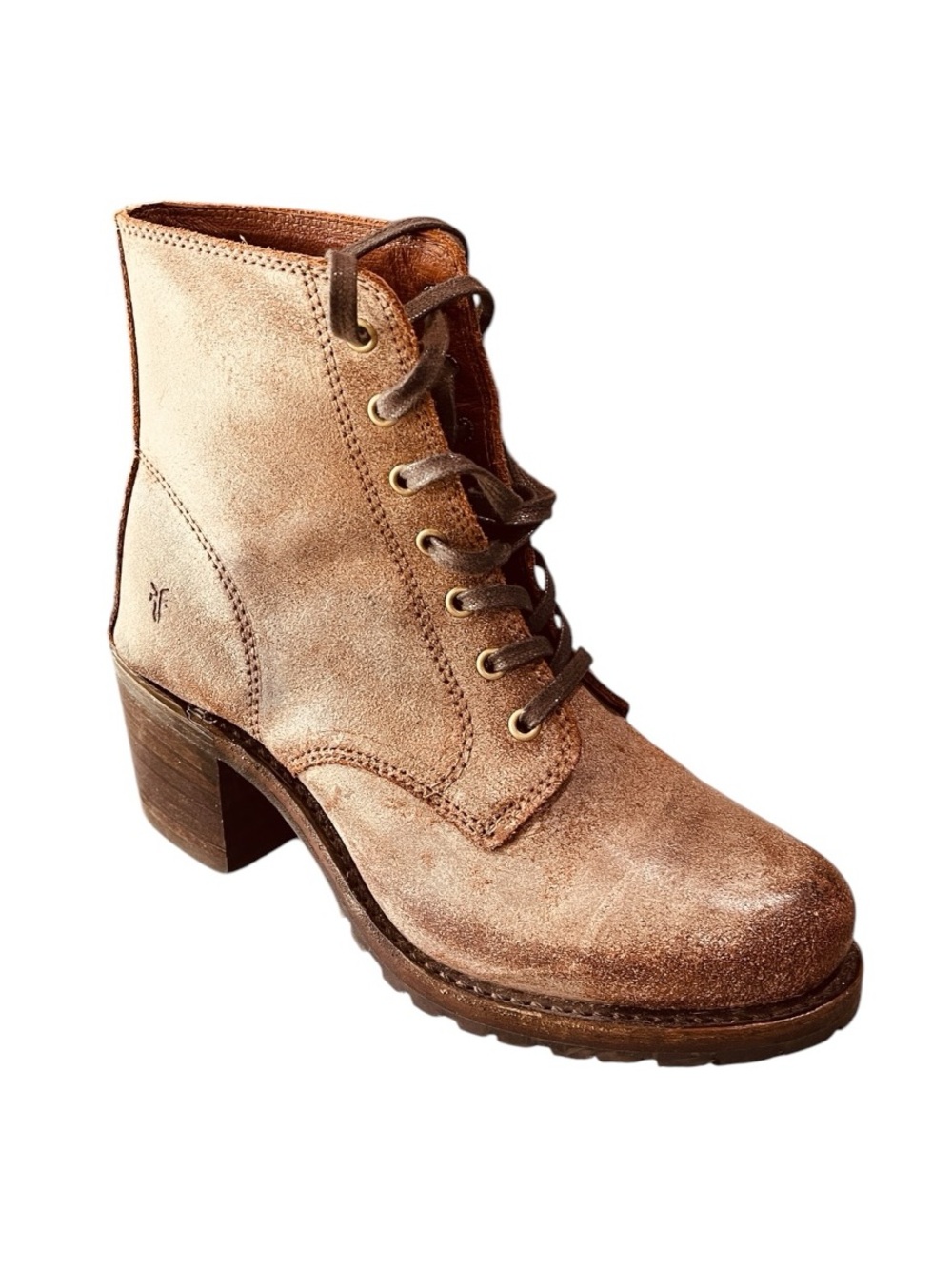 Frye Distressed Lace Up Ankle Boots Vibram Lug Sole Tan | Women’s 7.5
